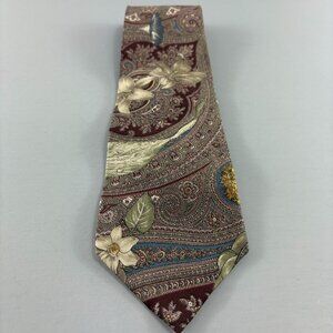 CC Courtenay Cream / Maroon Floral Paisley Men's Tie 3 3/4" x 57 1/2" Vintage